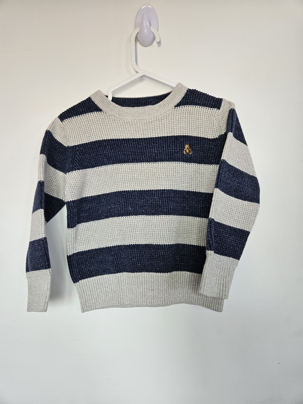 ​GAP Kids Toddler Boy Girl Striped Knit Sweater Grey Navy Blue Size 4T Bear Logo